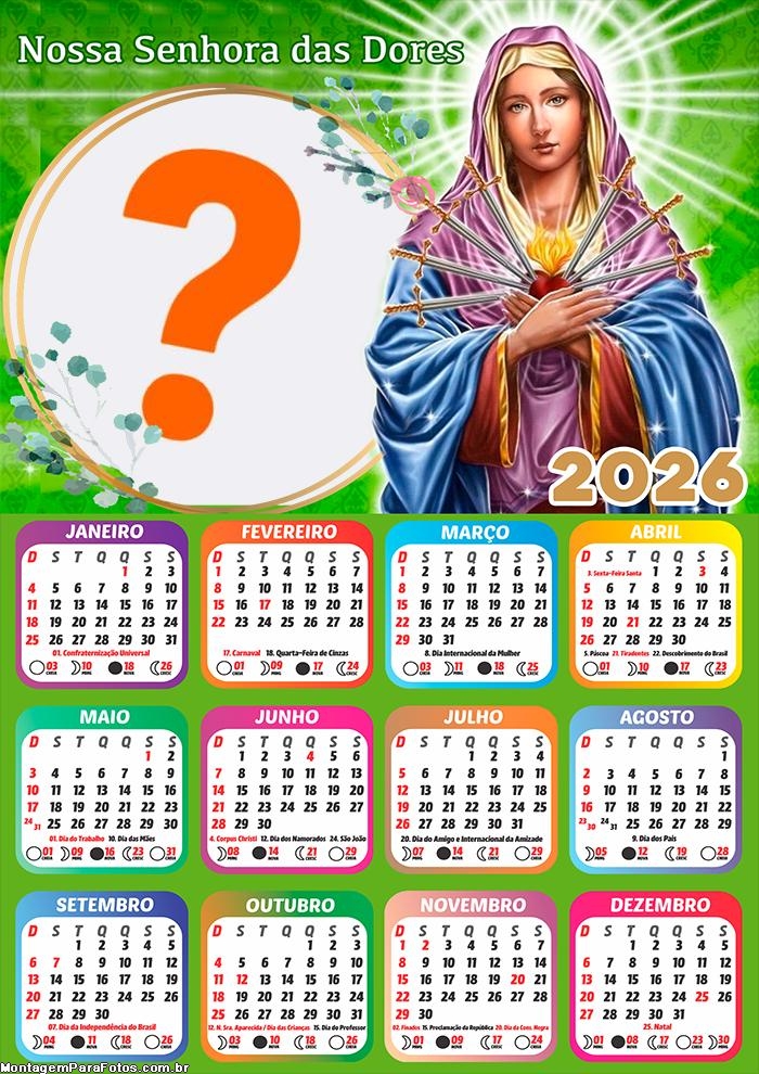 Calendário 2026 Nossa Senhora das Dores Colar Foto Online