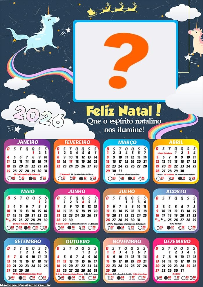 Calendário 2026 Unicórnico Feliz Natal Montar Foto Grátis
