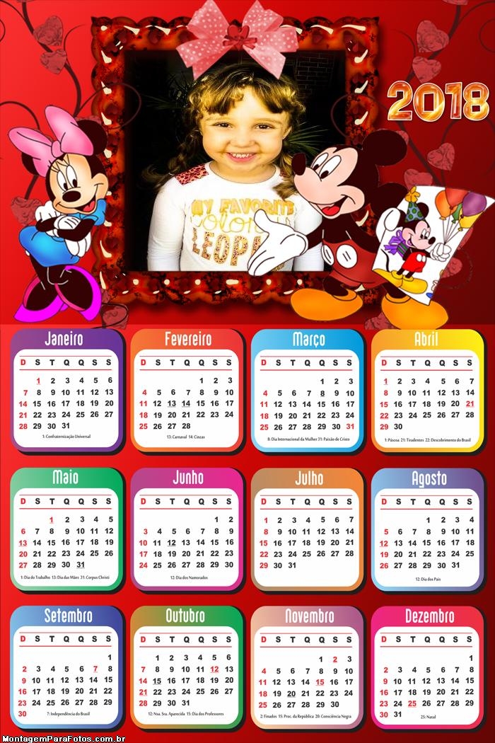 Calendário 2018 Minnie e Mickey Disney
