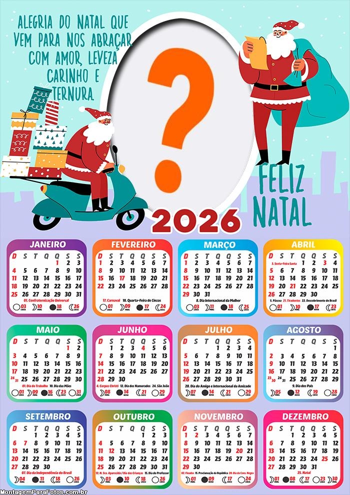 Calendário 2026 Papai Noel Mensagem de Natal Fazer Colagem Grátis