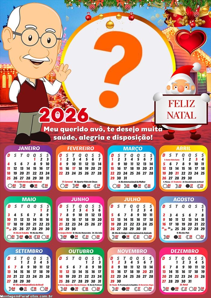 Calendário 2026 Feliz Natal Vovô Foto Colagem