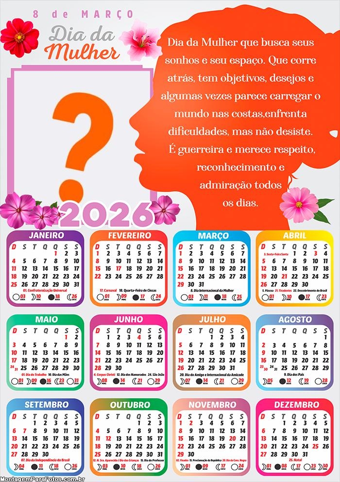 Foto em Calendário 2026 Dia Da Mulher 8 de Março Mensagem Online