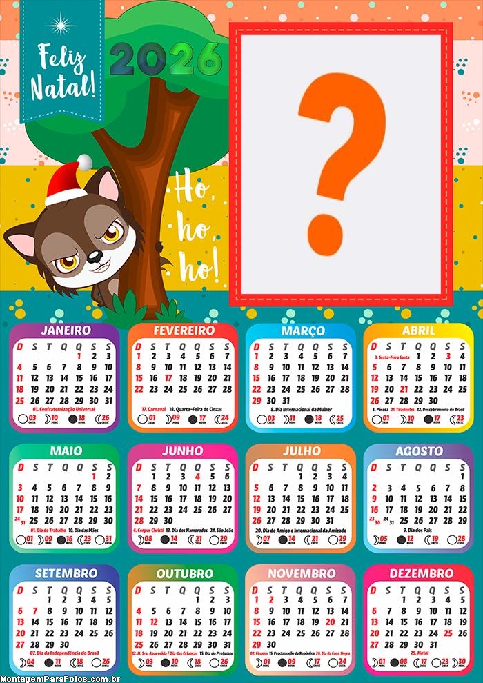 Calendário 2026 Lobo Mau Cute Feliz Natal Juntar Foto Online