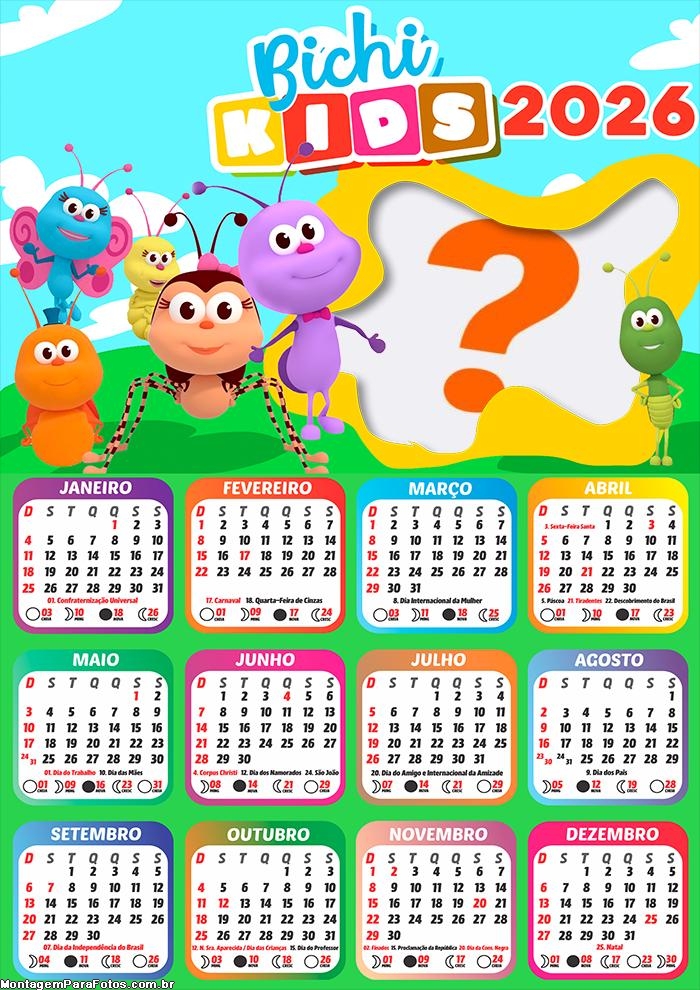 Calendário 2026 Bichikids Montar Foto Grátis