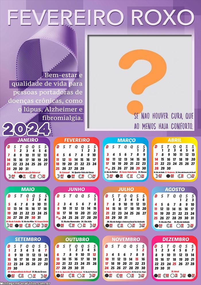 Calendário 2024 Campanha Fevereiro Roxo Montar Online