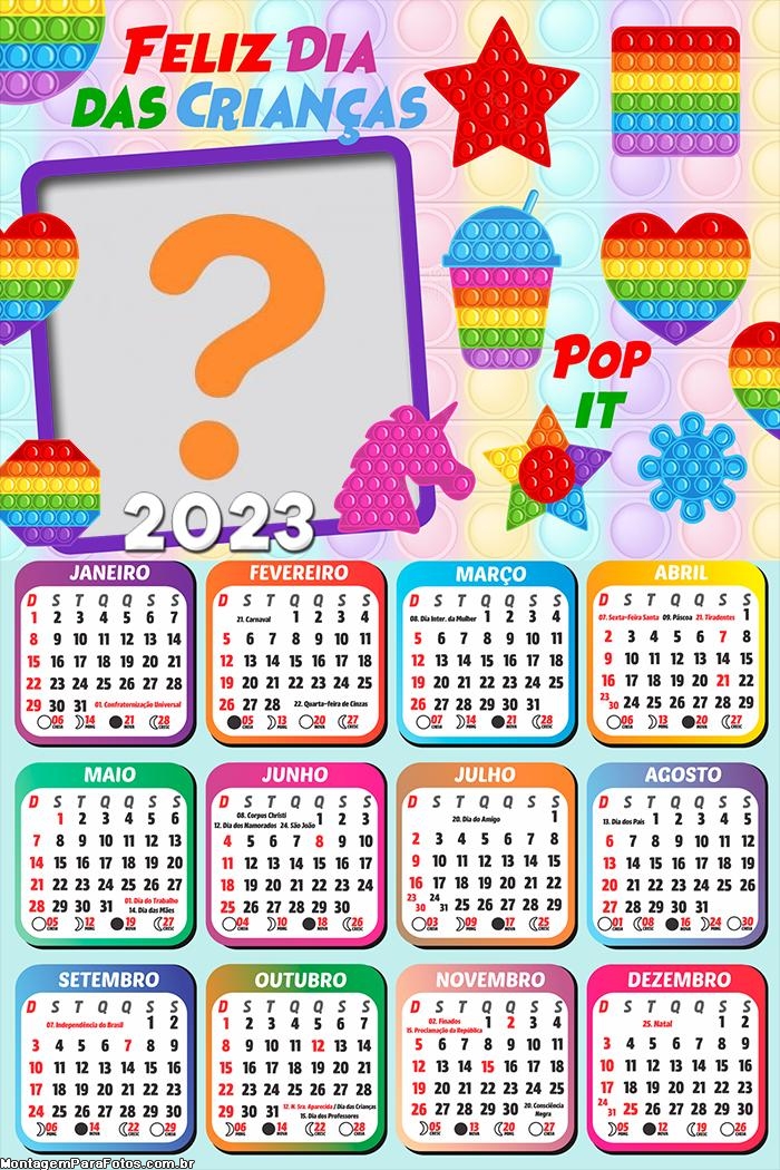 Calendário 2023 Feliz Dia das Crianças Pop It Color Colagem Grátis