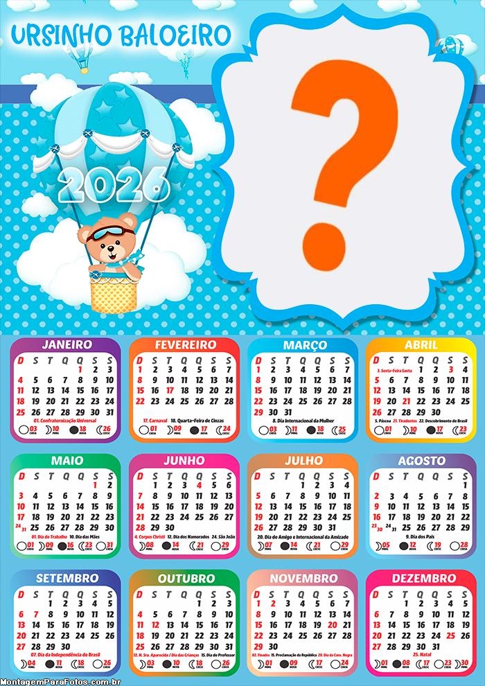 Calendário 2026 Tema Ursinho Baloeiro Cute Juntar Foto Online