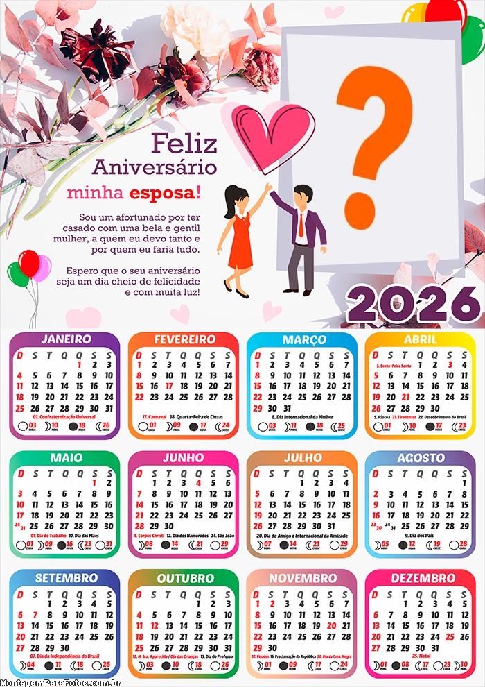 Calendário 2026 Feliz Aniversário Esposa Foto Moldura