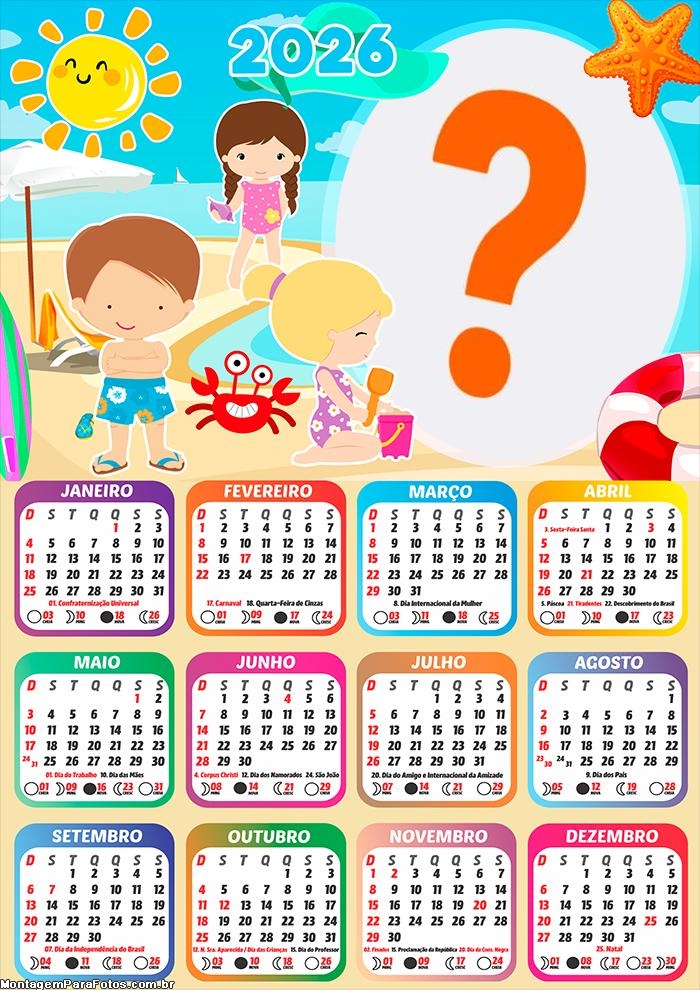 Calendário 2026 Praia Infantil Fazer Colagem Grátis