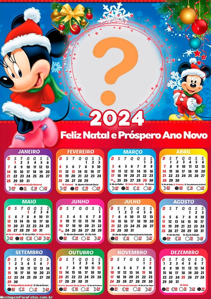 Calendário 2024 Feliz Natal Minnie e Mickey Frase de Boas Festas