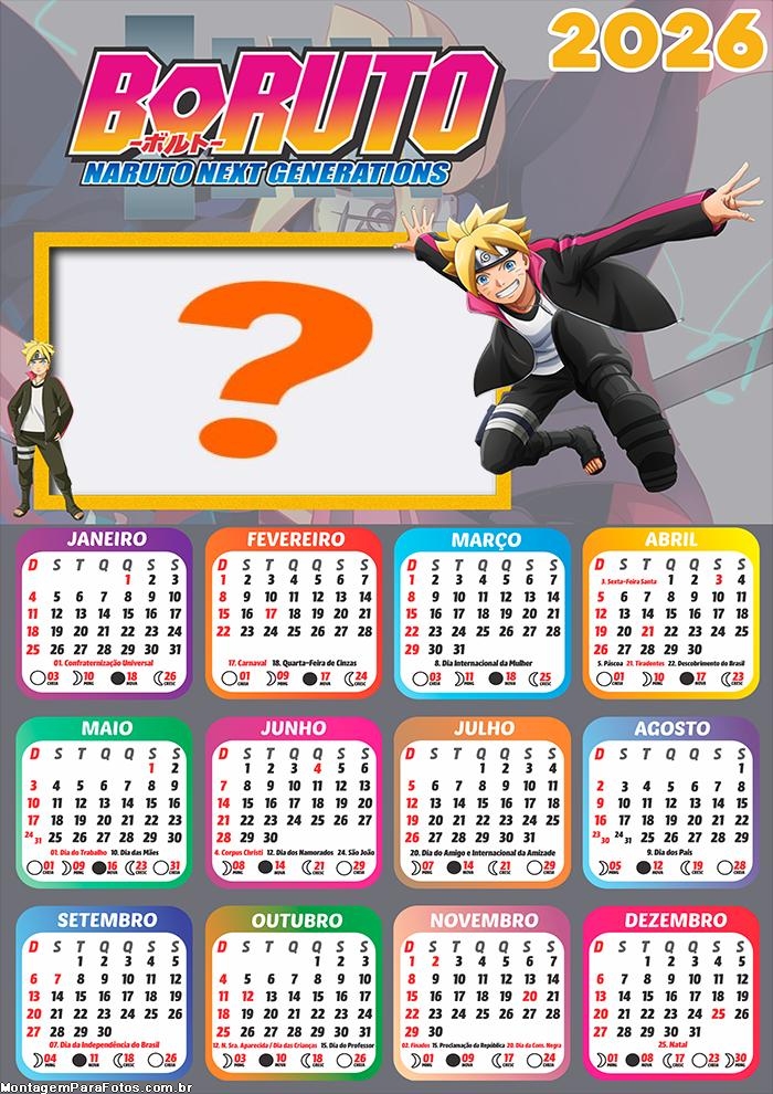Calendário 2026 Boruto Fazer Colagem Grátis