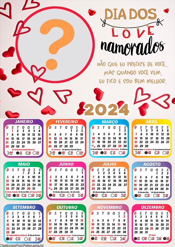 Montagem de Foto Gratuita Calendário 2024 Dia dos Love Namorados