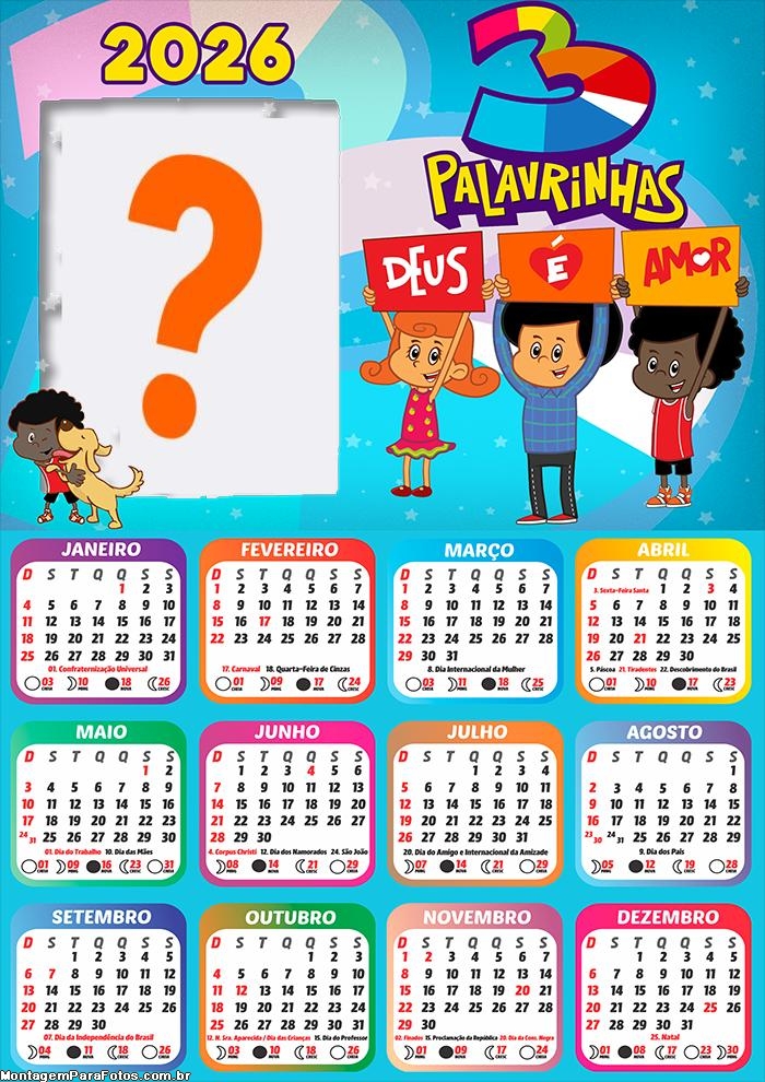 Calendário 2026 3 Palavrinhas Montagem de Foto