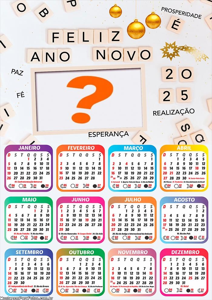 Calendário 2025 Paz Fé Esperança Feliz Ano Novo FotoMontagem