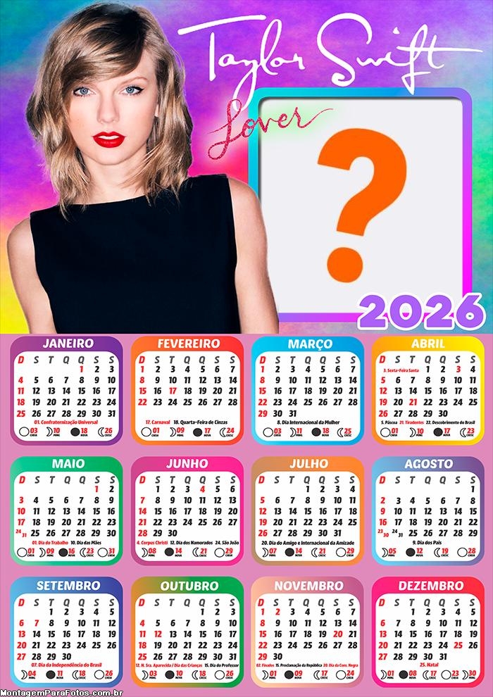 Calendário 2026 Taylor Swift Emoldurar Foto Online