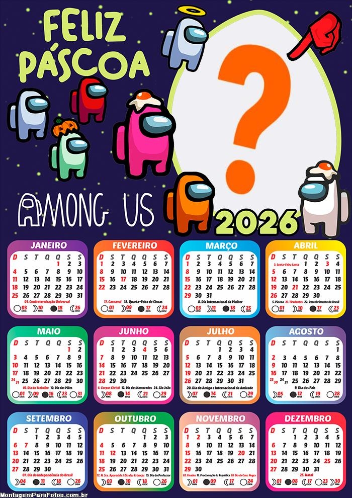 Calendário 2026 Feliz Páscoa Amung Us Colagem Online