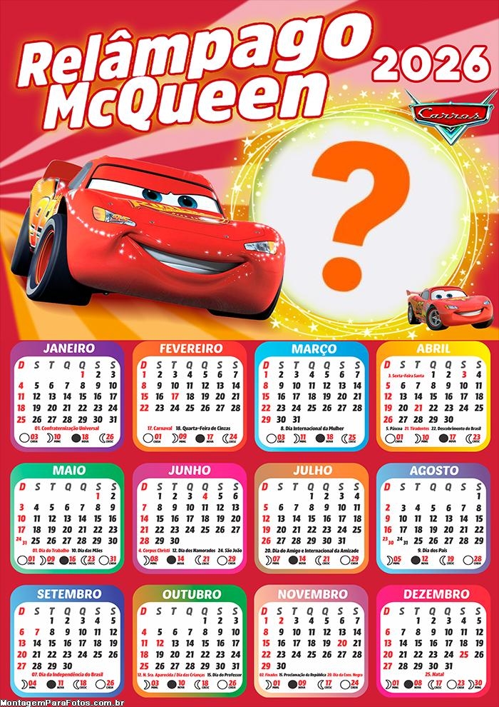 Calendário 2026 Relâmpago McQueen Disney Foto Montagem