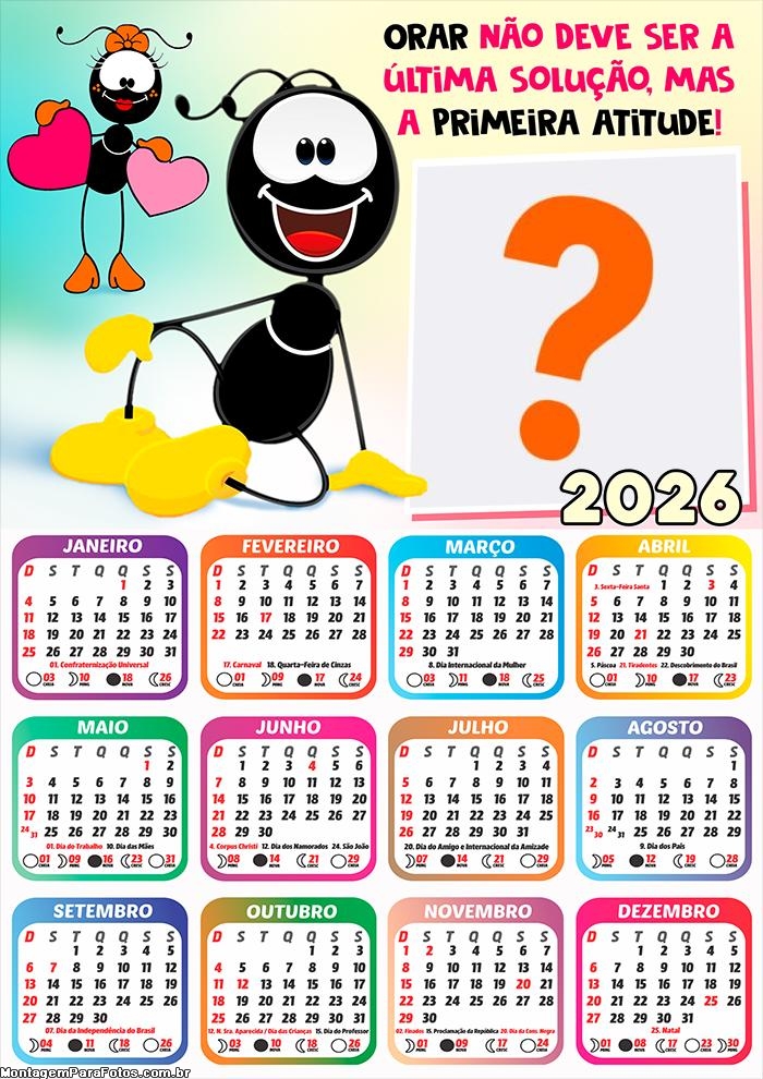 Calendário 2026 Smilinguido Mensagem Foto Moldura