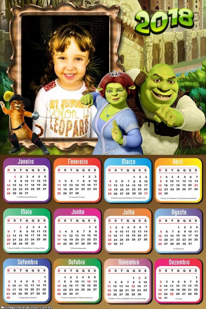 Calendário 2018 do Shrek e Fiona