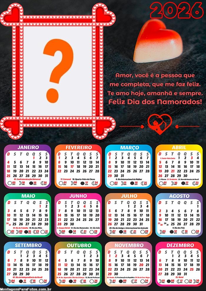 Foto Calendário 2026 Feliz Dia dos Namorados Grátis