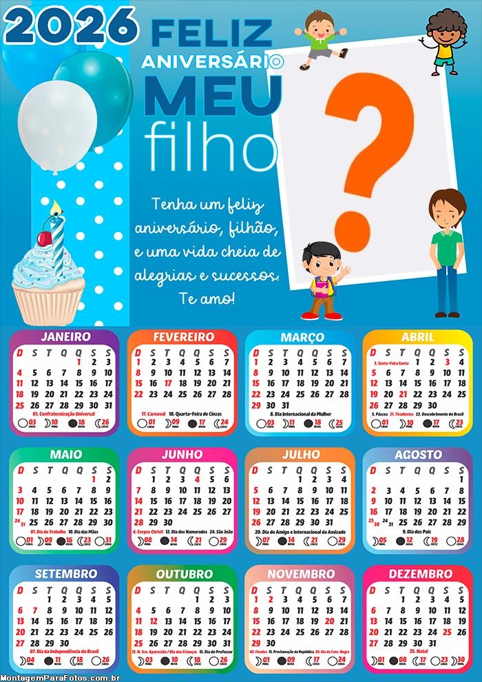 Calendário 2026 Feliz Aniversário Meu Filho Emoldurar Foto Online
