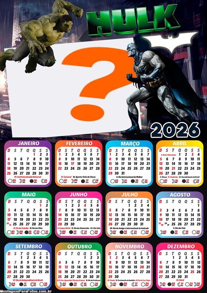 Calendário 2026 Hulk vs Batman Criar Montagem