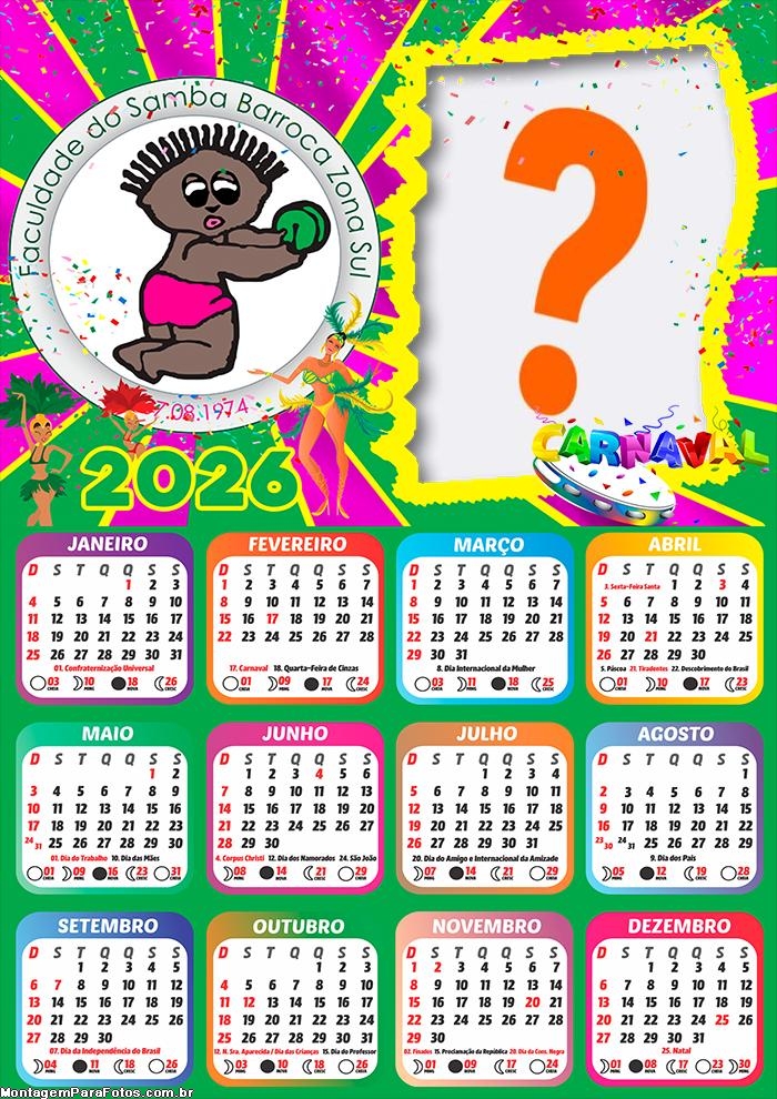Foto Calendário 2026 Barroca Zona Sul Escola de Samba Grátis