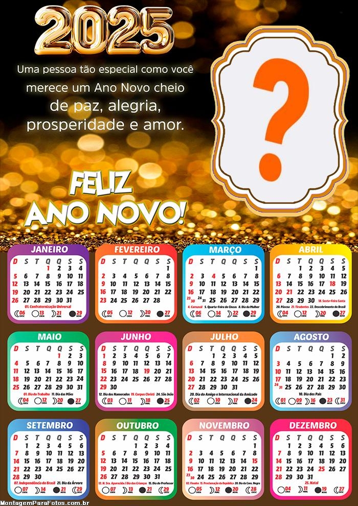 Calendário 2025 Ano Novo cheio de Paz Montagem de Foto