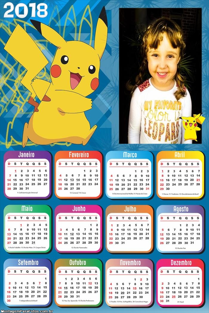 Calendário 2018 Pikachu Pokémon
