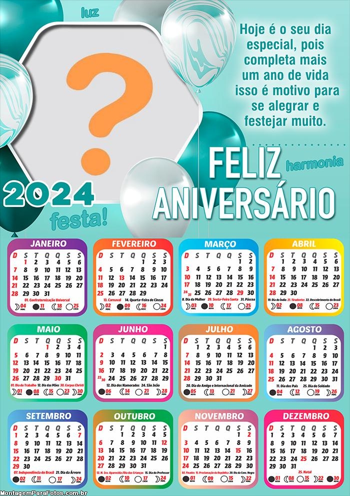 Editar Online Calendário 2024 com Mensagem de Feliz Aniversário