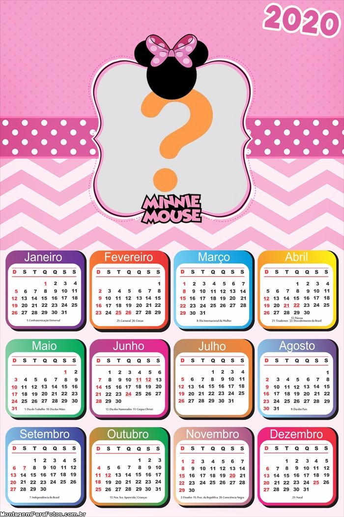 Calendário 2020 Tema Minnie Mouse Grátis