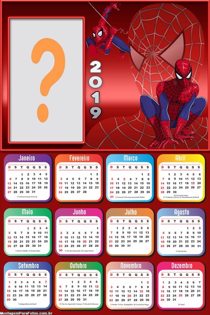 Calendário 2019 do Homem Aranha