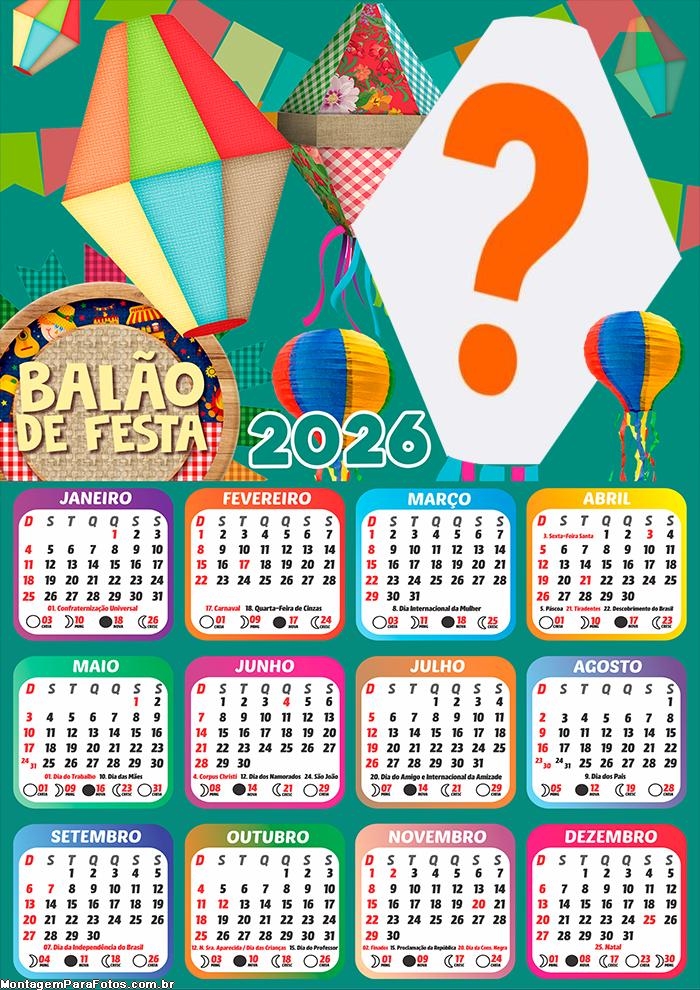 Calendário 2026 Balão de Festa Junina Colagem de Fotos