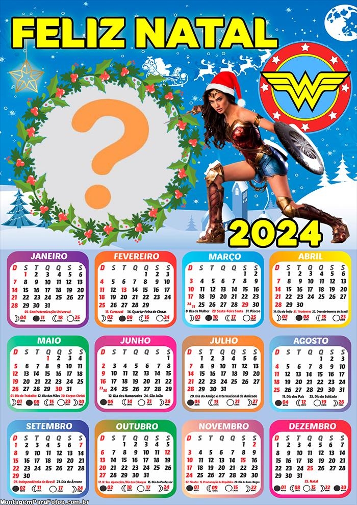 Emoldurar Online Grátis Calendário 2024 Feliz Natal Mulher Maravilha