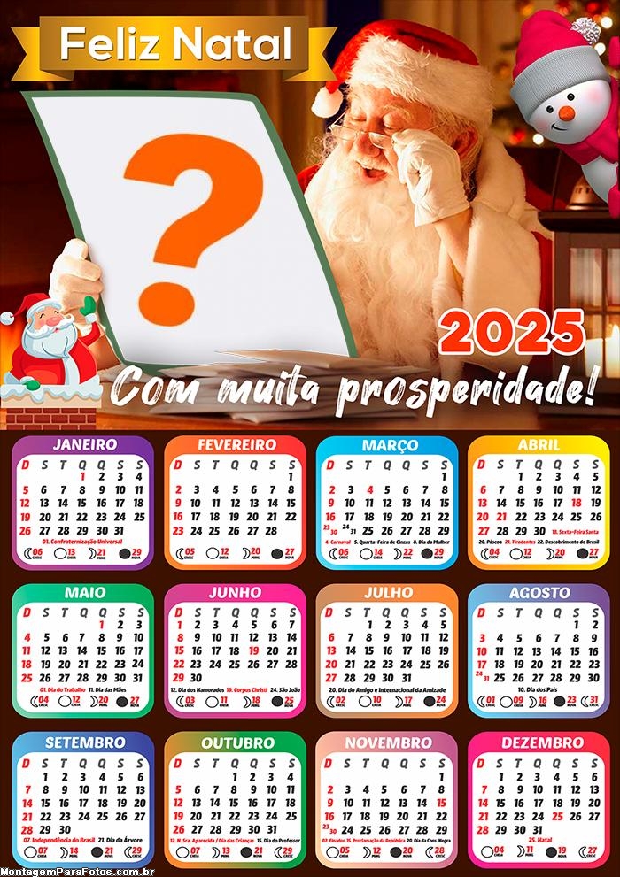 Calendário 2025 Feliz Natal e Prosperidade Frase Montagem de Foto