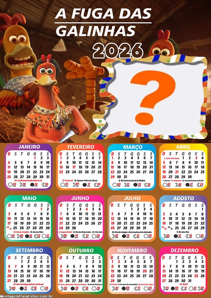 Calendário 2026 A Fuga das Galinhas Colagem Online