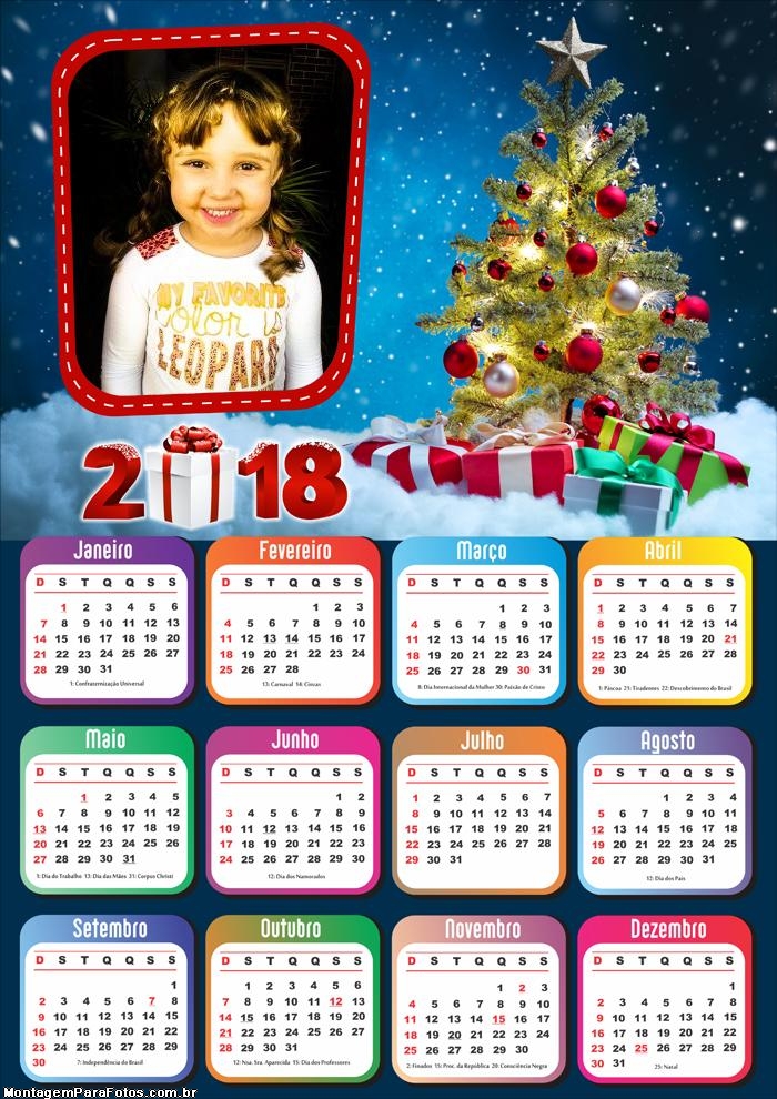 Calendário 2018 para Imprimir de Natal