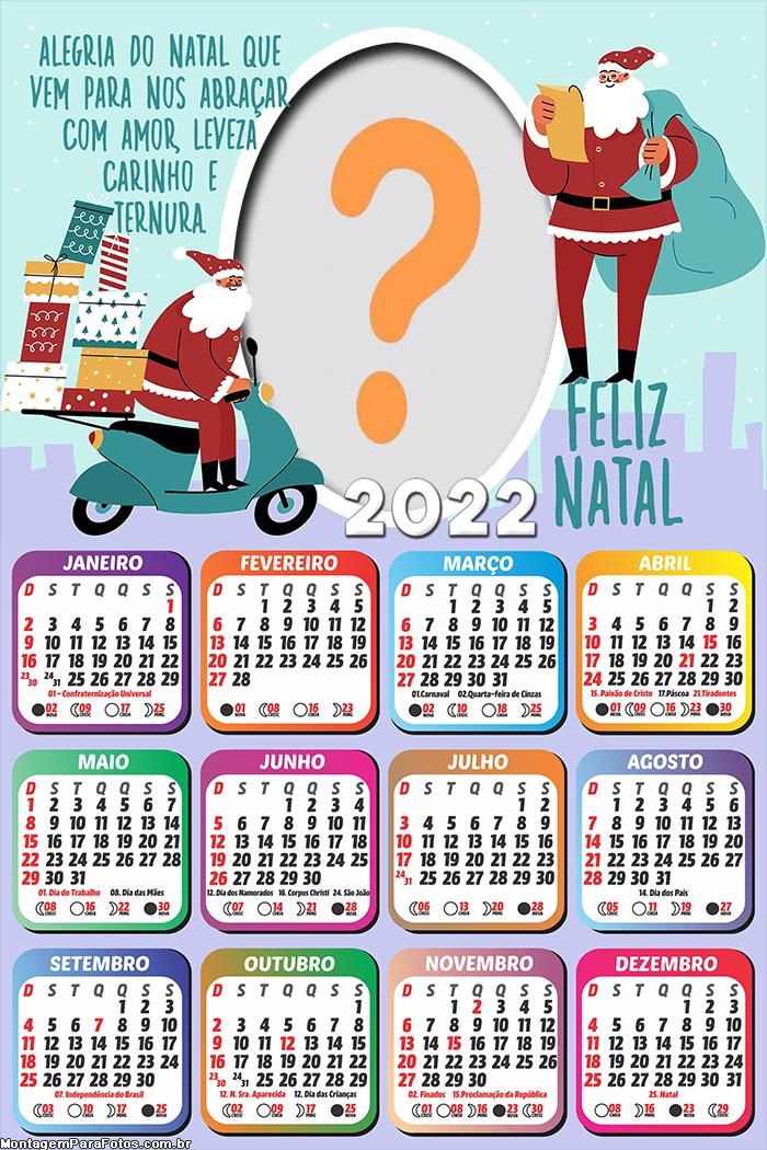 Calendário 2022 Papai Noel Mensagem de Natal