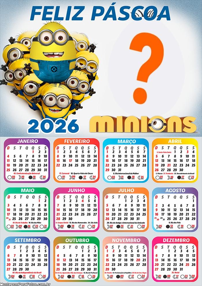 Calendário 2026 Feliz Páscoa Minions Juntar Foto Online