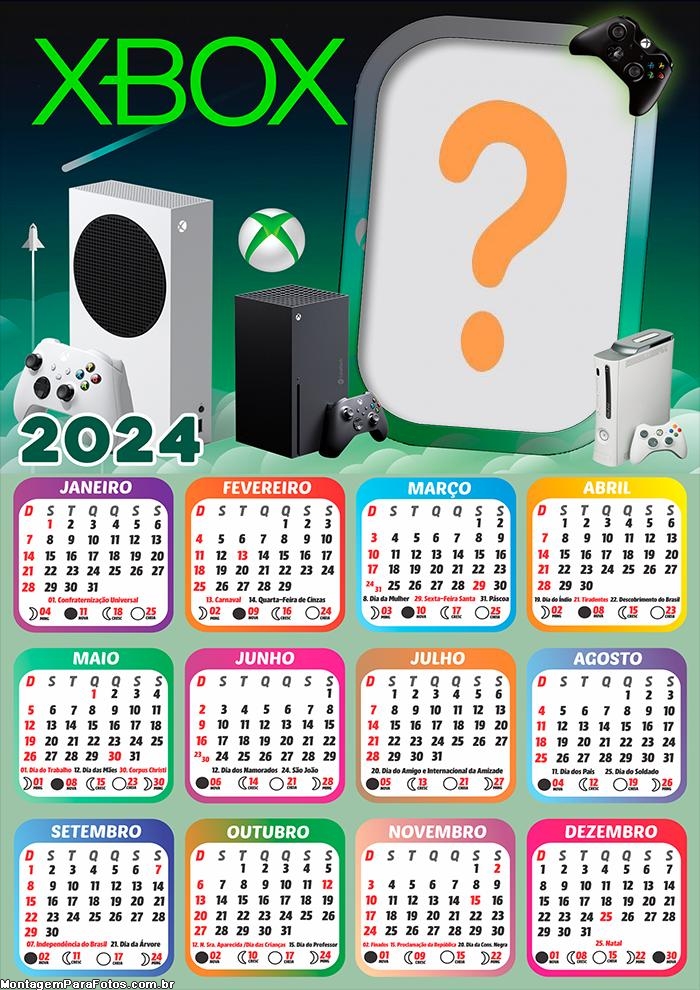 Calendário 2024 Xbox para Foto Colagem