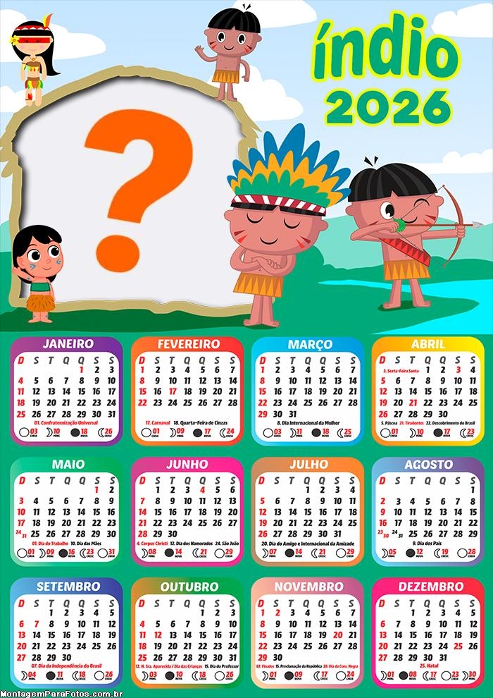 Calendário 2026 Índio Tema Infantil Colagem de Fotos