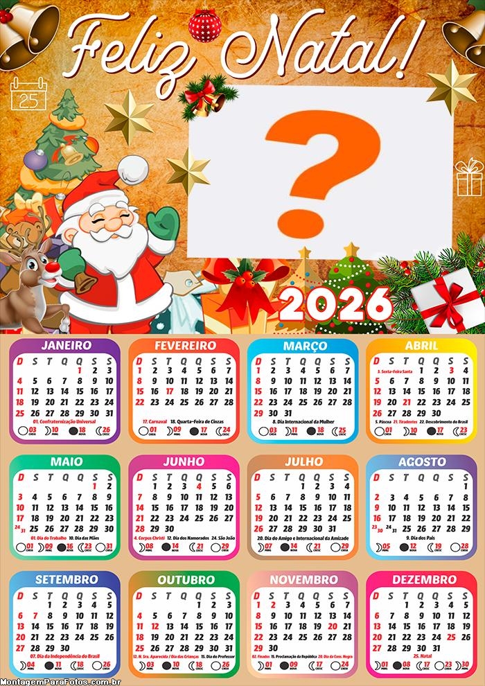 Calendário 2026 Feliz Natal Papai Noel e Rena Foto Moldura