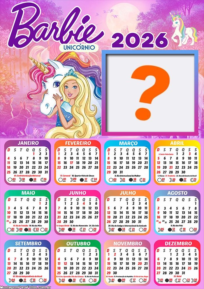 Calendário 2026 Barbie Unicórnio Criar Montagem