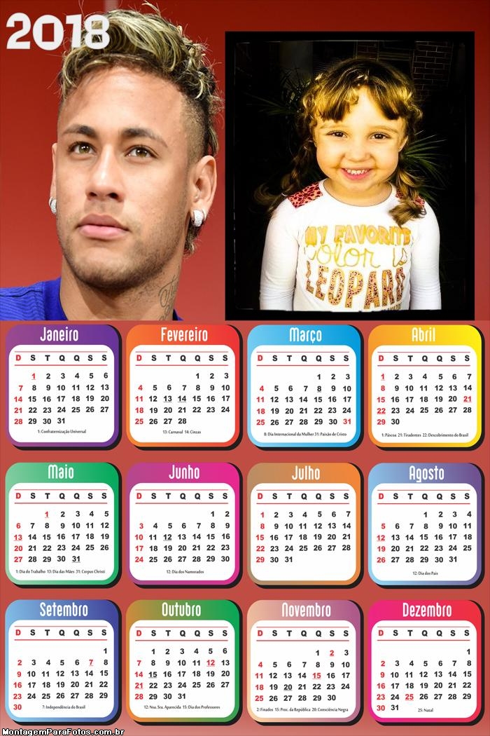 Calendário 2018 Neymar Jogador Futebol