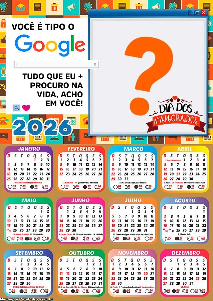 Calendário 2026 Dia dos Namorados Tipo Google Foto Moldura