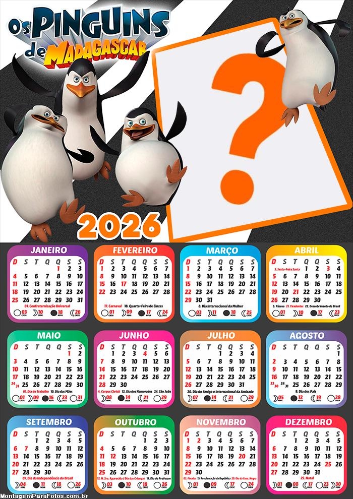 Calendário 2026 Os Pinguins de Madagascar Fazer Colagem Grátis