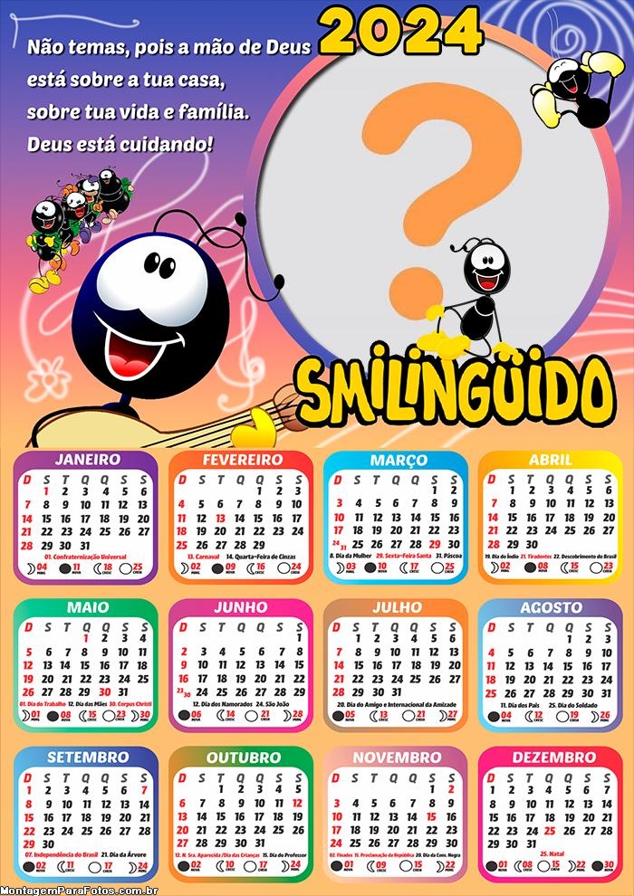 Calendário 2024 Smilinguido Deus está Cuidando Mensagem Moldura