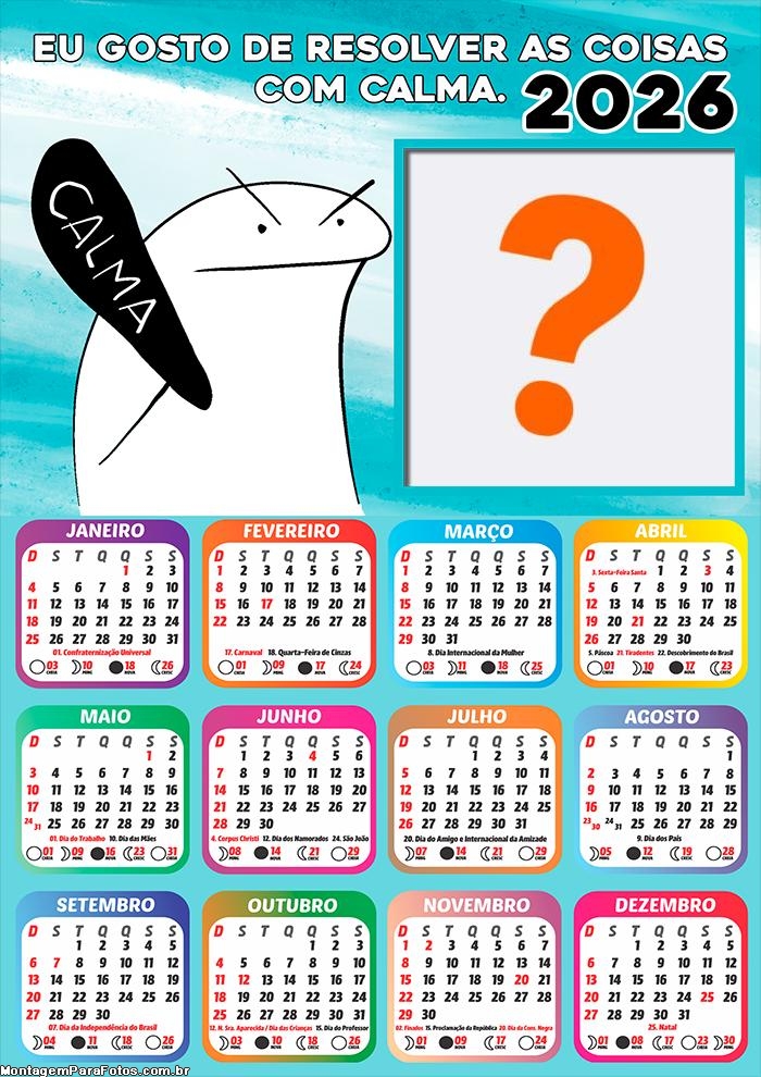 Calendário 2026 Bento Resolver as Coisas com Calma Fazer Colagem Grátis