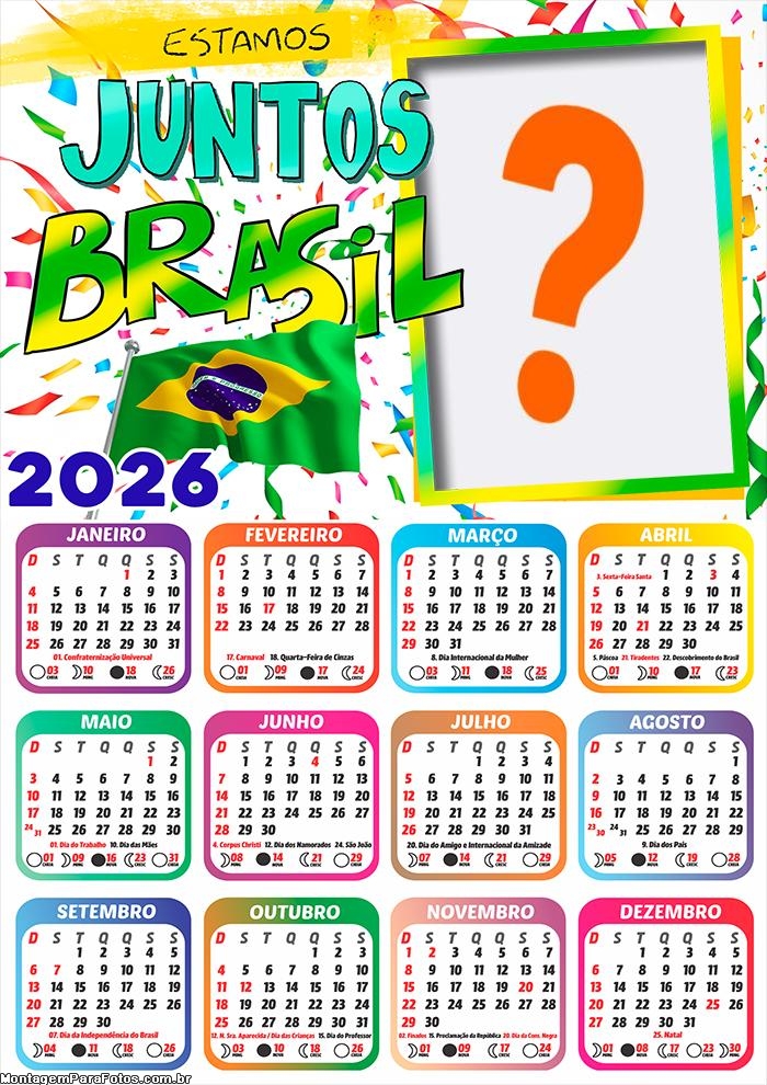 Calendário 2026 Estamos Junto Brasil Copa do Mundo Colagem Online
