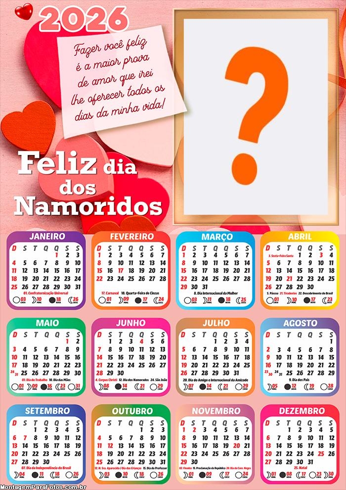 Calendário 2026 Maior Prova de Amor Dia dos Namorados Criar Montagem